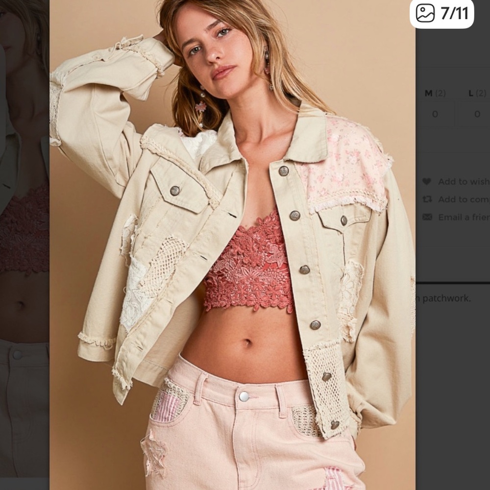 #184-0421 New POL Beige and Pink Jean Jacket with Crochet Accents